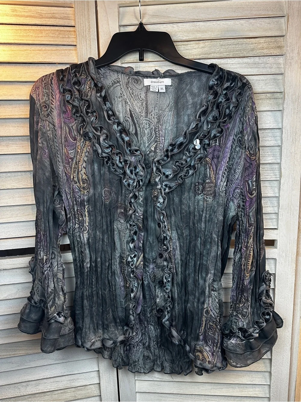 Vintage  Crinkle Ruffled Sheer Gray & Purple Paisley Long Bell sleeve top XL Y2K - Picture 8 of 12